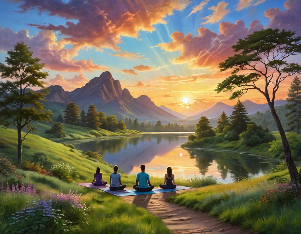 A serene landscape depicting a journey through lush green hills transitioning into a tranquil sunset by a calm lake. Silhouettes of people meditating and practicing yoga along the path, embodying joy and contentment. Soft pastel colors reflecting the colors of the sky, symbolizing euphoria and serenity. Whimsical clouds with gentle rays of sunlight breaking through. vibrant colors. super-realistic.