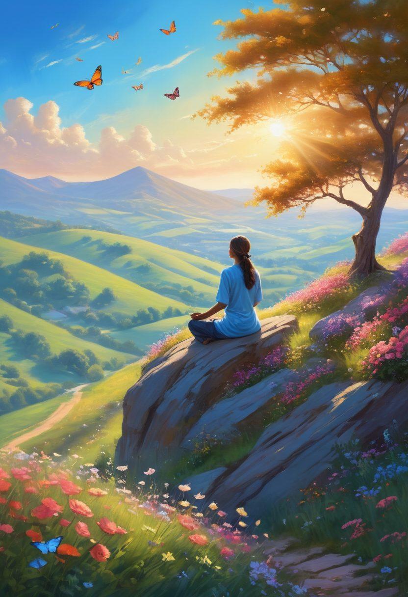 A serene landscape showcasing a person meditating on a sunlit hilltop, surrounded by blooming flowers and butterflies, radiating joy and tranquility. Include warm sunlight filtering through the trees and a soft glow around the figure to symbolize bliss and positivity. Elements like a clear blue sky and gentle rolling hills enhance the uplifting atmosphere. vibrant colors. peaceful atmosphere. nature-inspired.